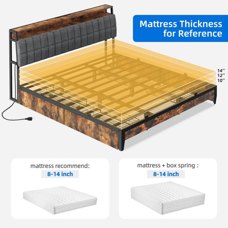 Upholstered Platform Bed with Charging Station and Storage Headboard