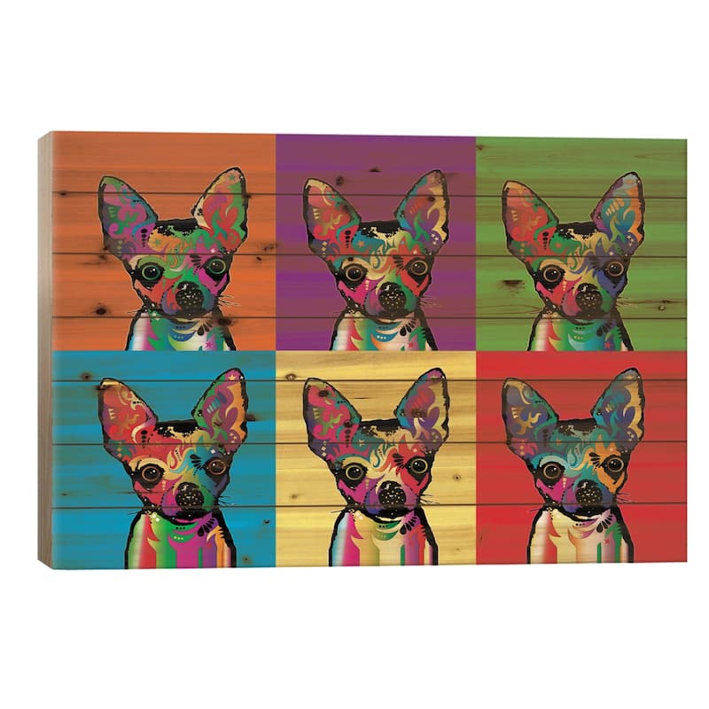 Rainbow Chihuahua Line-Up Print On Wood by Michael Tompsett - Multi-Color - 18x26x1.5