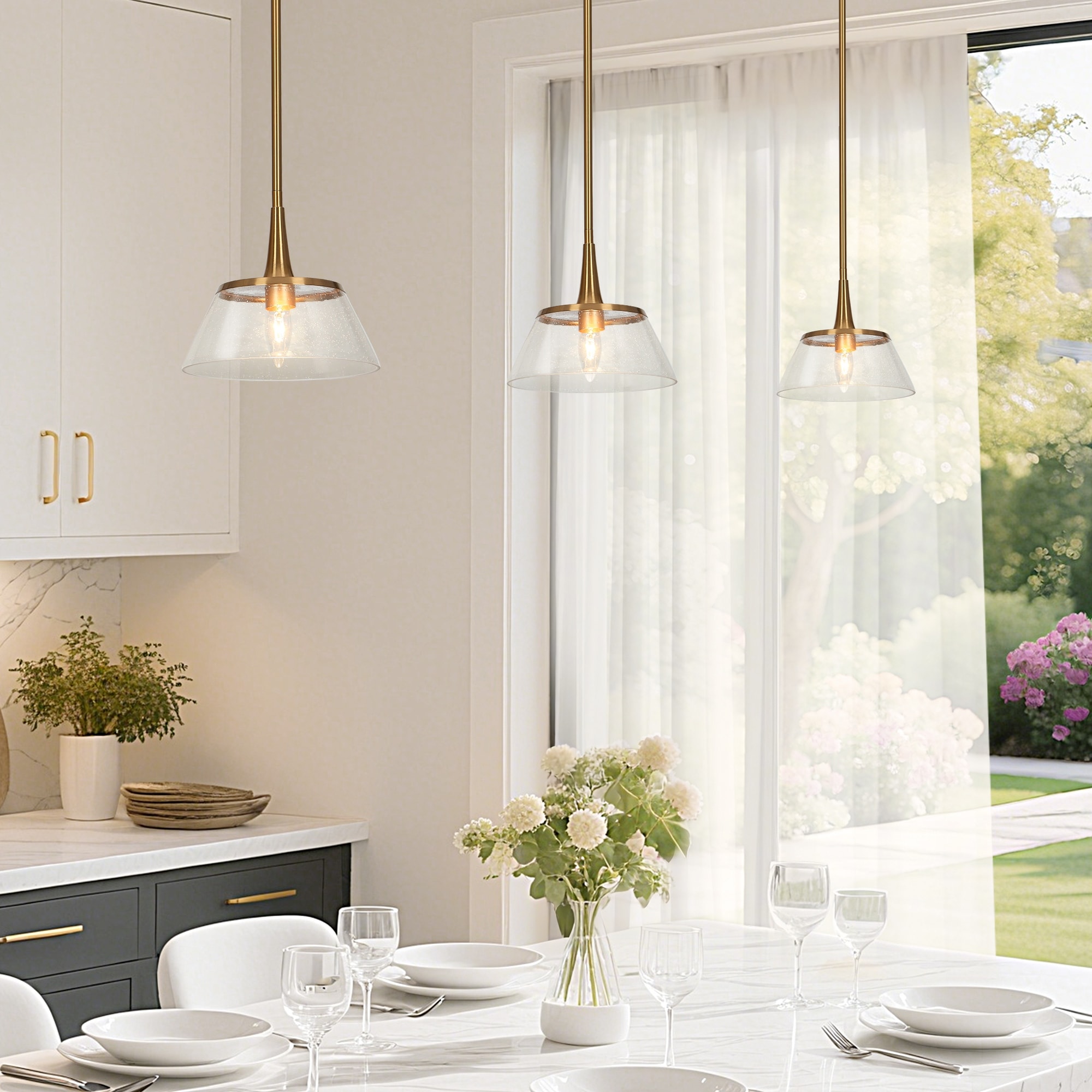 LALUZ Modern Gold 1-Light Seeded Glass Pendant Light for Kitchen