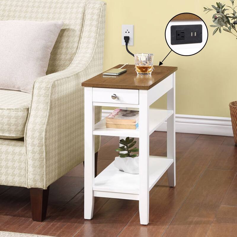 Convenience Concepts American Heritage 1 Drawer Chairside End Table with Charging Station and Shelves - Driftwood/White