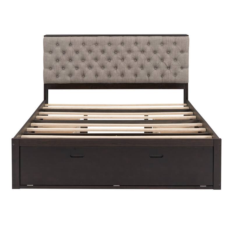Espresso Queen Size Wood Platform Bed with Storage Headboard, Shoe Rack and 4 Drawers
