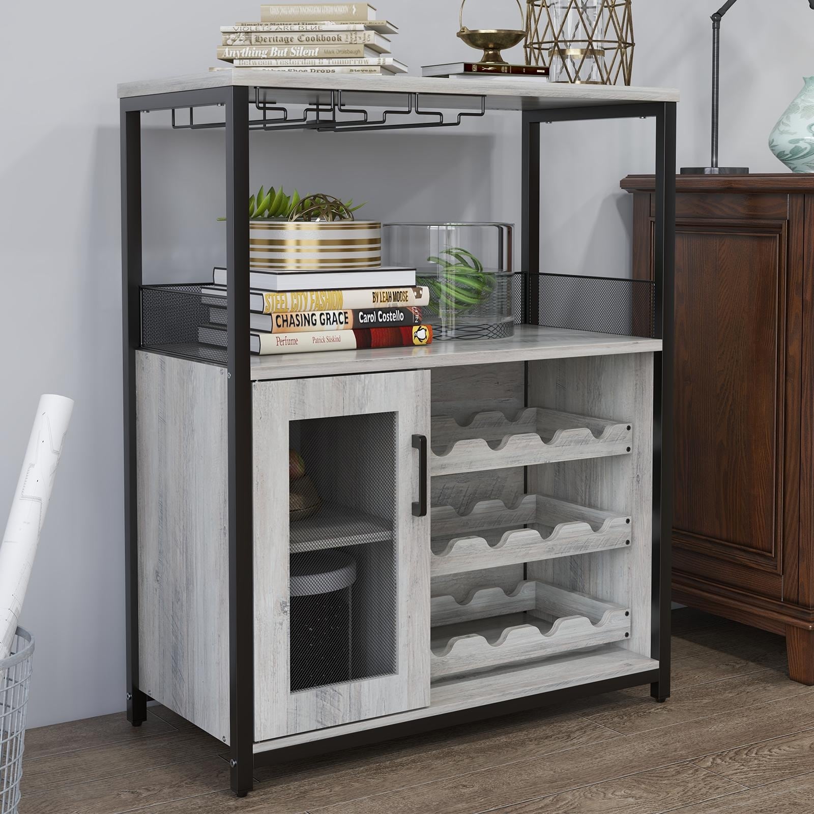 3-Tier Wine Bar Cabinet with Wine Rack, Liquor Cabinet with Storage, Coffee Bar Cabinet with Glass Holder & Mesh Door