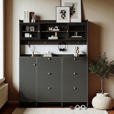 Large Hall Tree Shoe Cabinet with 6 Flip Drawers, Tempered Glass Doors & 4 Hooks, 62.1W Entryway Storage