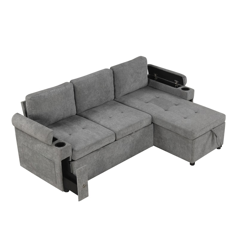 83.5" Chenille L-Shaped Sectional Sofa with Convertible Bed & Storage