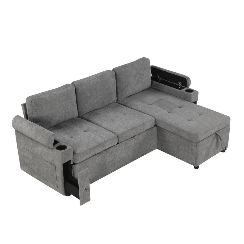 L-Shaped Convertible Sofa Bed with Reversible Chaise Lounge, Chenille Fabric Sectional Sofa with 2 Cup Holders & 2 USB Ports