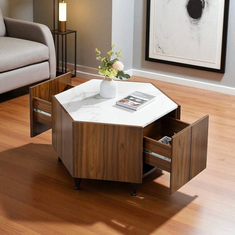Hexagonal Rustic Coffee Table with Textured Marble Top, 2 Hidden Drawers, Light Brown Oak Finish, MDF
