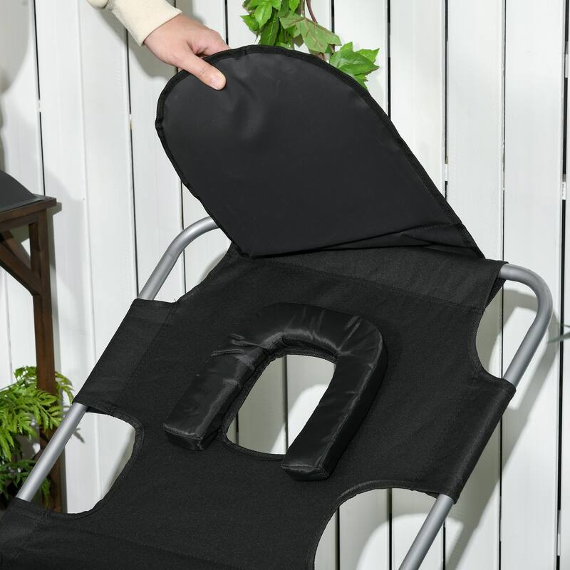 Folding sun loungers with face holes, arm slots and side pockets