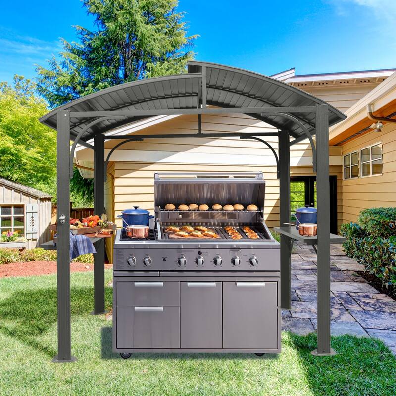 GDFStudio - Terry Outdoor BBQ Grill Gazebo with Hardtop Roof and Shelves, Aluminum Frame Patio Canopy - 8×5FT - Grey