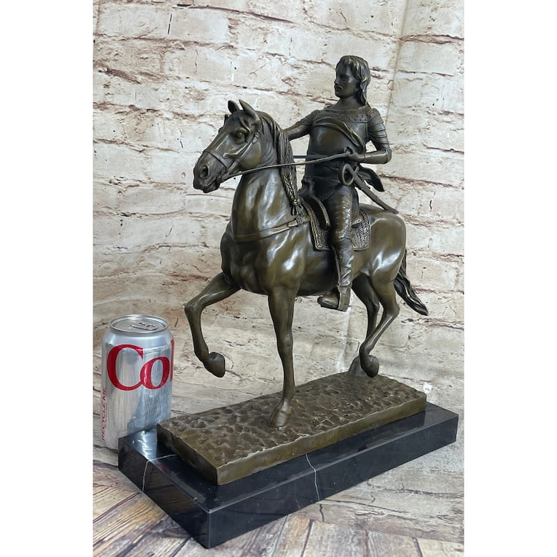 Medieval Armored Knight On Imitative Horseback Bronze Statue Sculpture Marble Base 15 Inches X 12 Inches