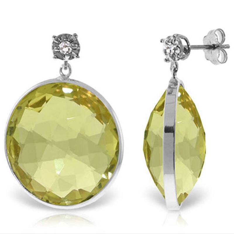 14K Solid Gold Diamonds Stud Earrings w/ Round Cut Lemon Quartz - White
