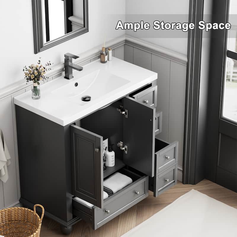 Retro Bathroom Vanity Cabinet Solid Wood Classic with Ceramic Sink