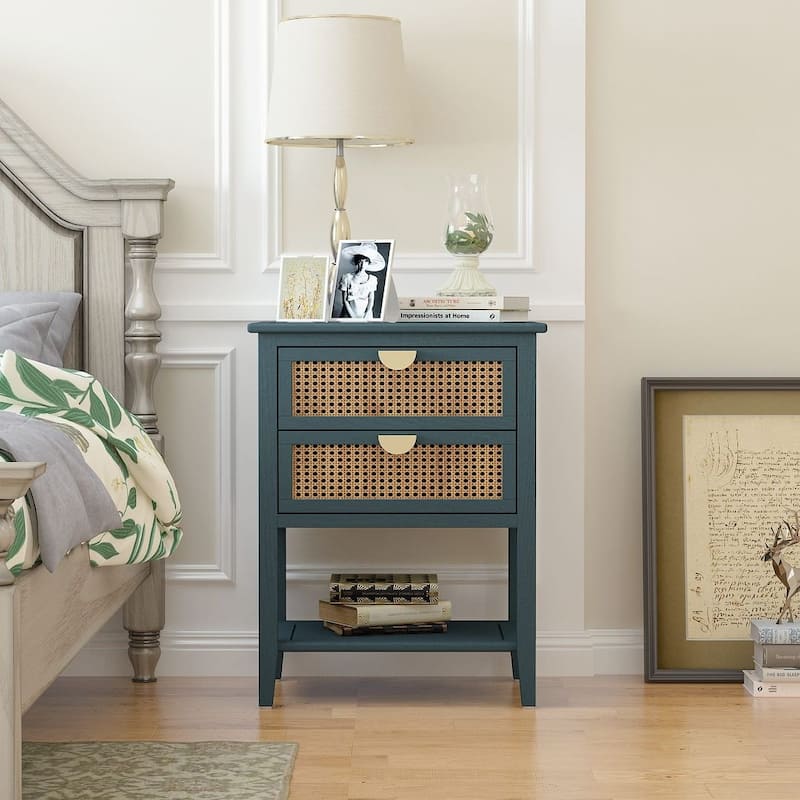 Modern Natural Rattan Nightstands With 2/3 Drawers - Green - 2-drawer