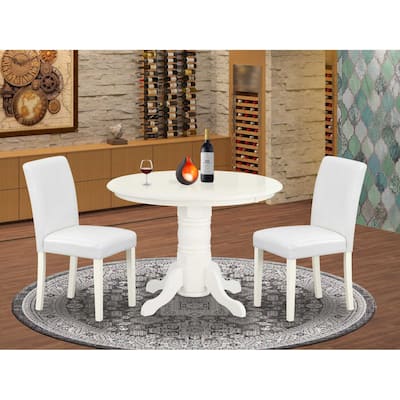 Round Dining Table Set 3pc - 42 Inch Table & 2 Parsons Chairs - White PU Leather & Linen Legs