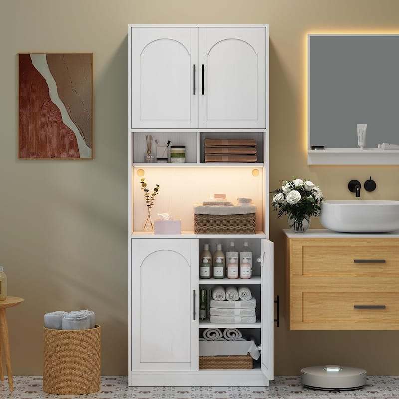 71" Tall Kitchen Pantry Storage Cabinet with Microwave Shelf and LED Light, Hutch Cabinet with Doors and Adjustable Shelves