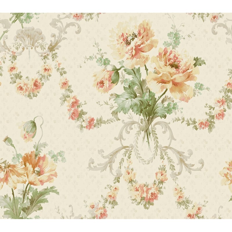 Seabrook Designs Tanvi Floral Bouquet Unpasted Wallpaper - 20.5 in. W x 33 ft. L - Metallic Ivory & Peach
