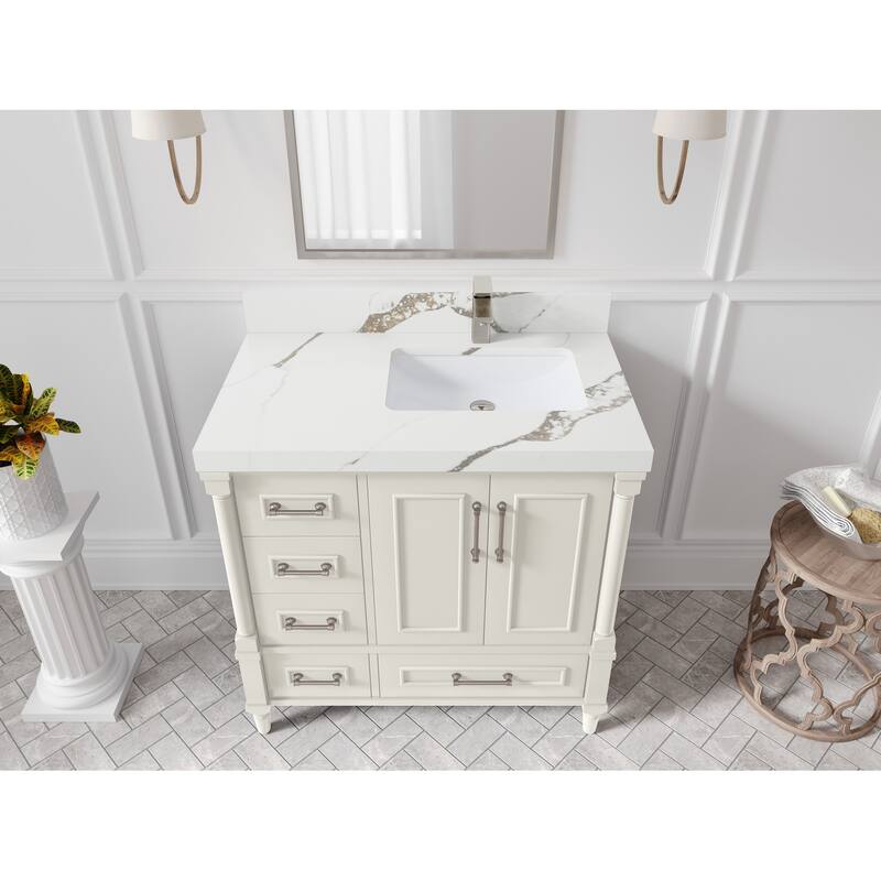 Willow Collections 36 in. W x 22 in. D Aberdeen Right Offset Sink Bathroom Vanity with Countertop - 2" Calacatta Gold - Ivory
