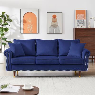 Velvet Sofa Couch With 2 Pillows, Modern 3 Seater Sofa With Wood Legs For Living Room And Bedroom
