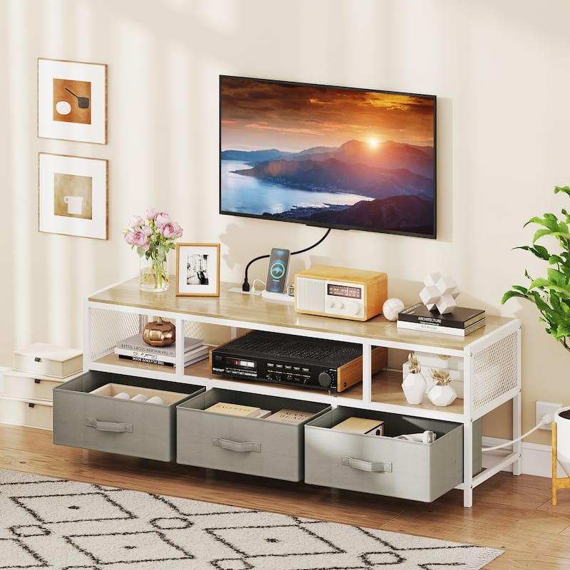55" Entertainment Unit with Power Outlets Storage Drawers and Wood Grain Finish for Bedroom or Living Room - 55" x 16" x 19.5"