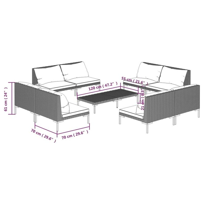 vidaXL Patio Lounge Set with Cushions Poly Rattan - 27.6" x 27.6" x 24"