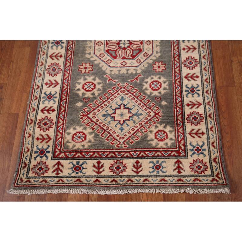 Gray Kazak Runner Rug Hand-Knotted Wool Carpet - 2'8" x 16'3"