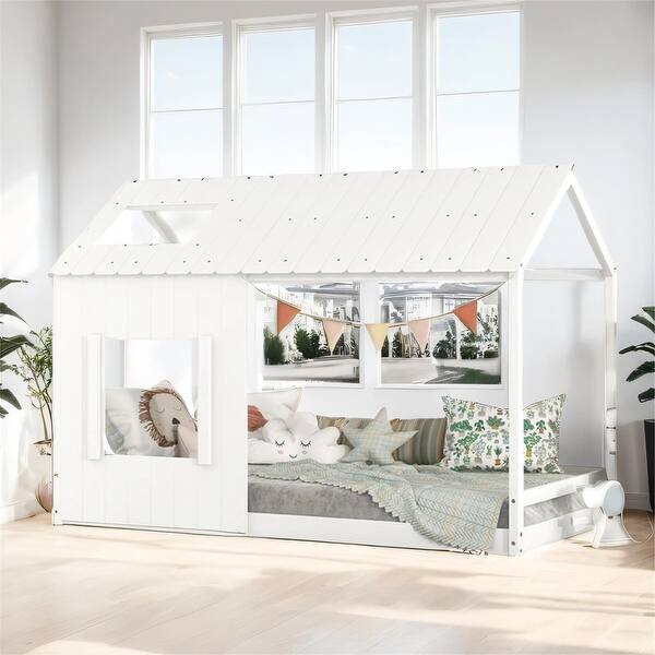 slide 2 of 20, Twin Size House Bed with Roof and Window