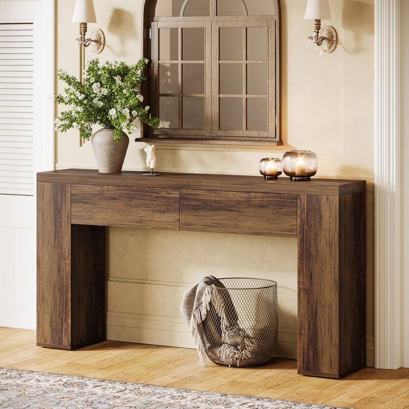 63-Inch Wooden Console Table with 2 Hidden Drawers, Sofa Table for Living Room, Hallway, Entrance, Foyer