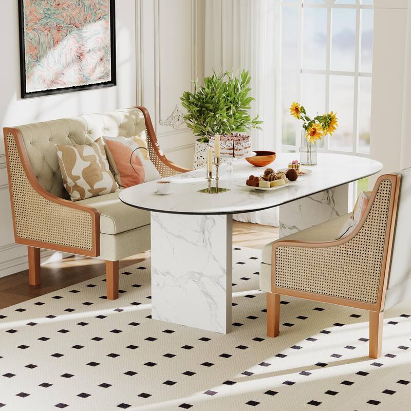 Andeworld Loveseat Settee Bench with Natural Rattan Arms, Upholstered Modern Mini Sofa Couch,Banquette Dining Bench Love Seat