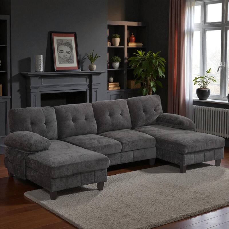 103.5" U-Shaped Sectional Sofa with Dual Chaise Lounges, Chenille Upholstery, Storage Pockets and Armrest Pillows