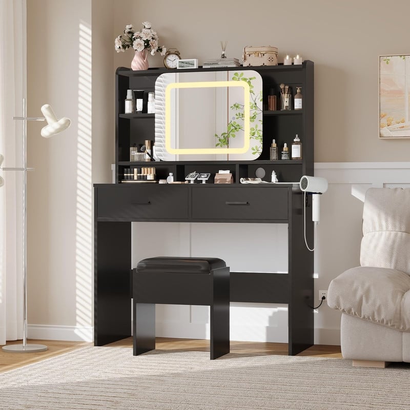 Vanity Desk with LED Mirror and Stool, Drawers, Storage Shelves, Charging Station