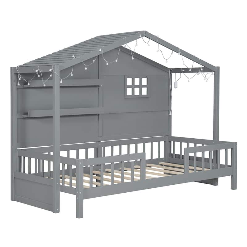 Nestfair Twin Size House Bed with Window and Sparkling Light Strip on the Roof