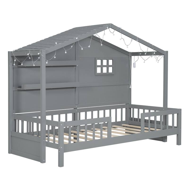 Twin Size House Bed Frame with Shelves,House Bed with Window and Sparkling Light Strip on the Roof,for Bedroom,Dorm