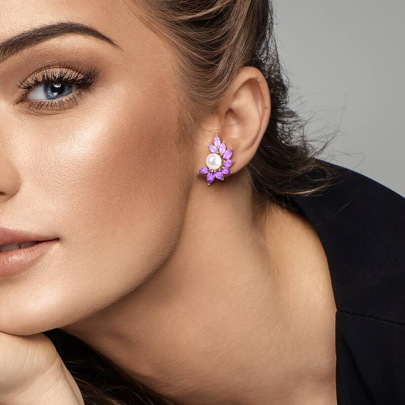 Miadora Cultured Freshwater Pearl and Gemstone Stud Earrings 14k Rose Gold or Yellow Silver