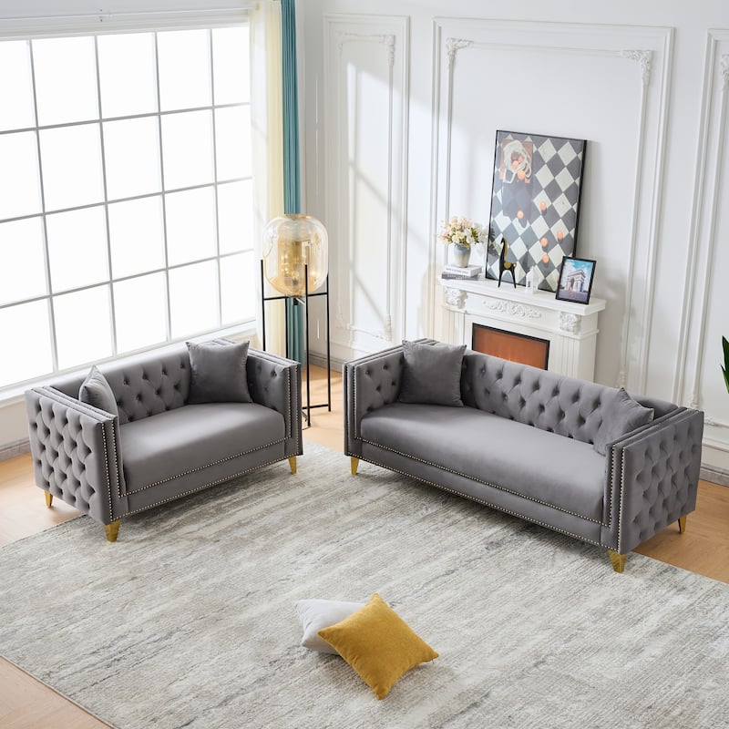 Roomfitters 80" and 58" Modern Tuxedo Sofa and Loveseat Set, Buttoned Back Couch with Gold Legs and Nailhead Trim