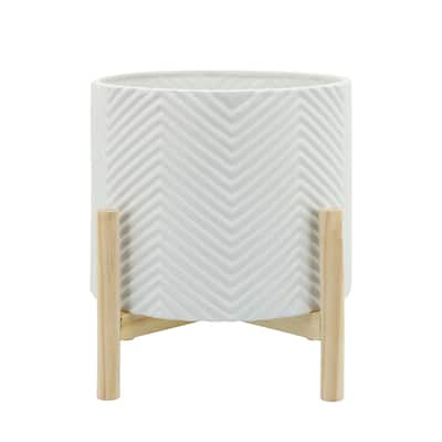 12" Ceramic Planter Trendy White Planter Elevated on Wooden Stand with Chevron Design For Indoor or Outdoor Plants,