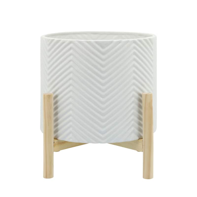 Ceramic Planter Trendy White Planter Elevated on Wooden Stand with Chevron Design For Indoor or Outdoor Plants