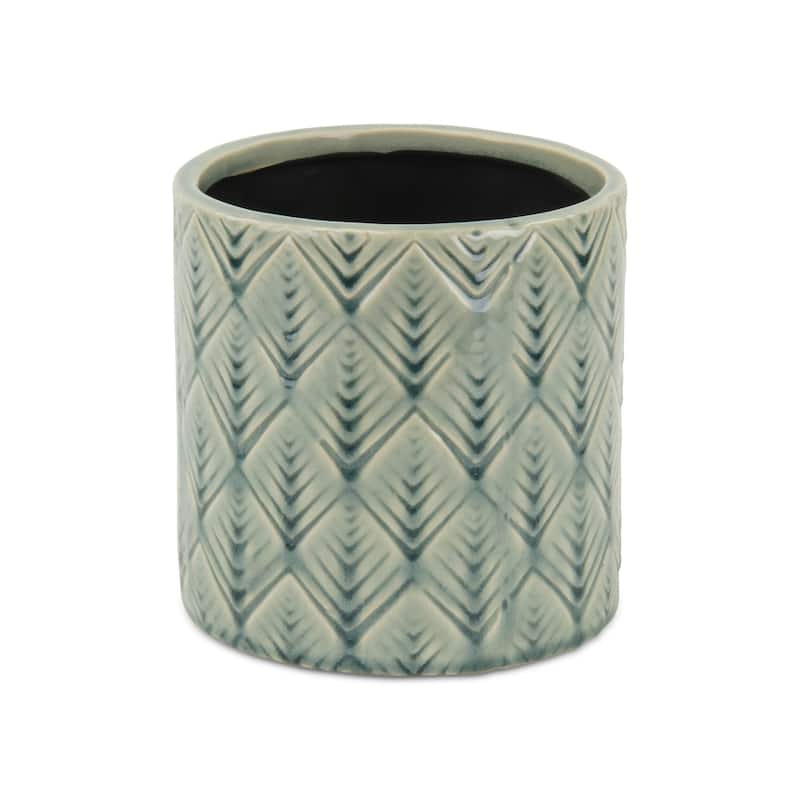 HomeRoots 6" Green Geometric Ceramic Indoor Outdoor Round Pot Planter