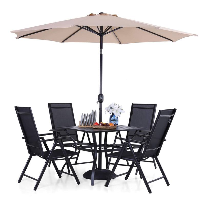 MAISON ARTS Outdoor 6-piece Patio Dining Set, 1 Square Metal table, 4 Adjustable Folding Chairs and 9ft Umbrella