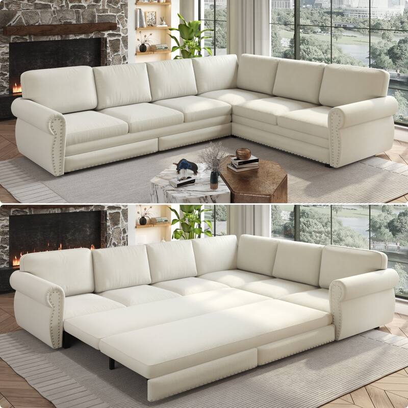 L-Shaped Sofa Couch with Pull-Out Bed, Convertible Sleeper Sofa with Nailhead Trim & Rolled Arms, Chenille Upholstered Couch - Beige