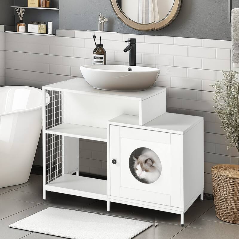 Cat Litter Box Enclosure for Bathroom, Hidden Litter Pet Washroom with Divider, Indoor Cat House for Large Cats, White