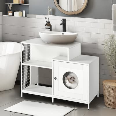 Pedestal Sink Storage Cabinet with Cat Litter Box Enclosure Dual Purpose Bathroom Organizer - 24.8" x 21.3" x 20.1"