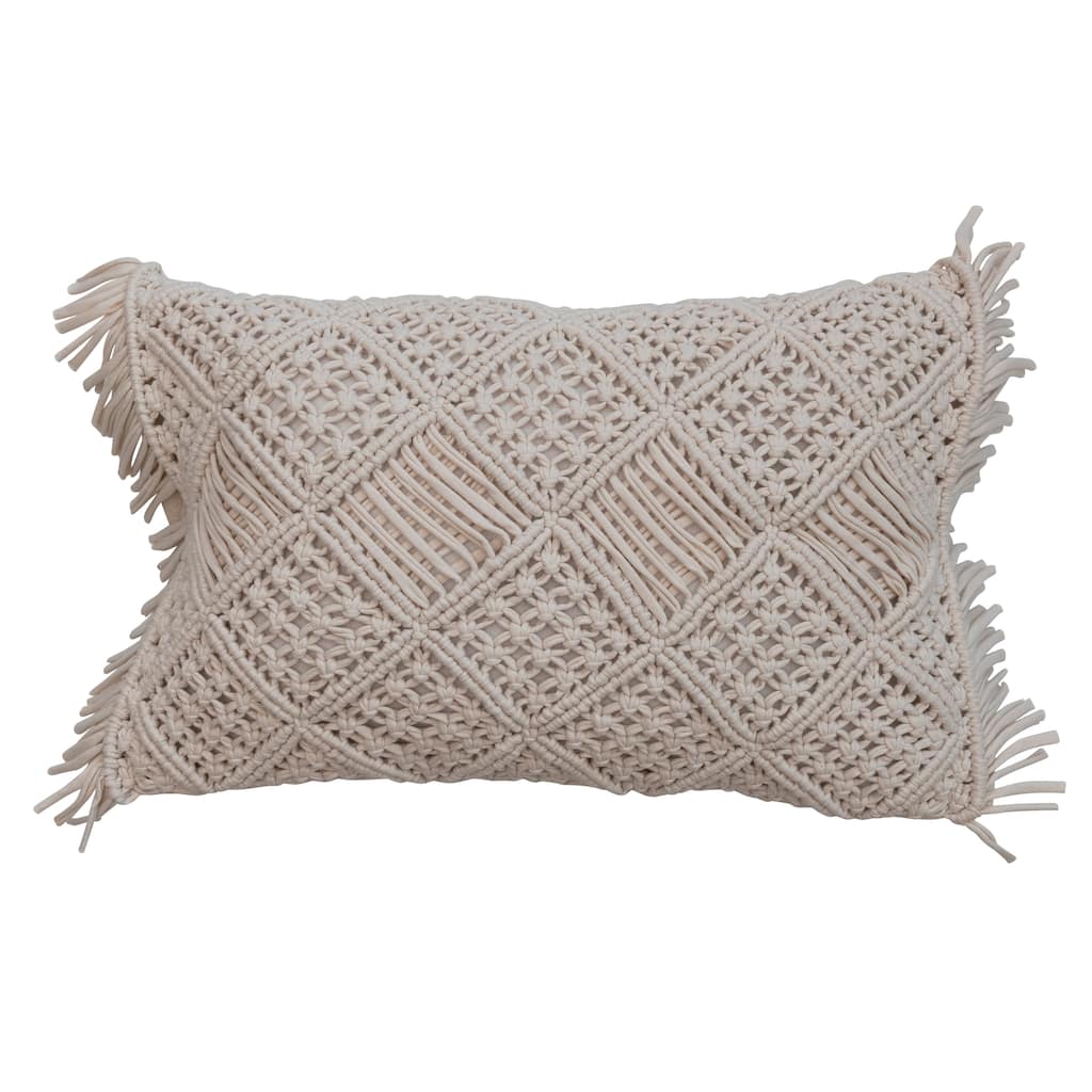 Handwoven Cotton Macrame Lumbar Pillow with Fringe