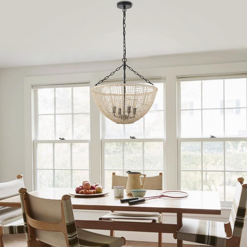 Modern Farmhouse 4-Light Pendant with Woven Rattan Basket Shade and Black Chain Finish