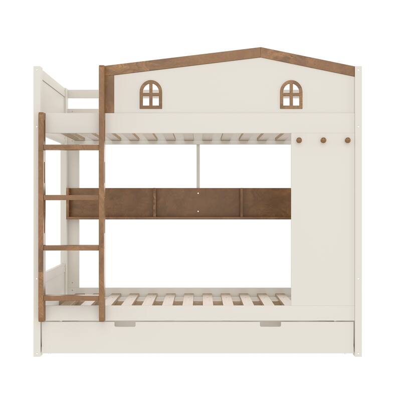 Queen over Queen Bunk Bed Rustic House Bunk Bed with Hooks Storage Shelves, Solid Wood Under-bed Storage Drawers or Trundle