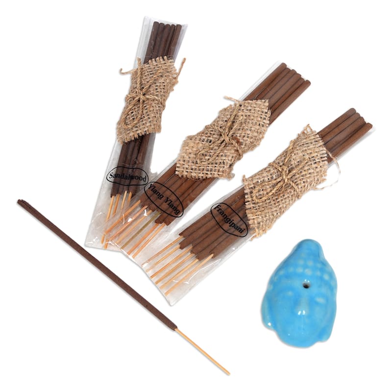 Novica Handmade Blue Vesak Celebration Ceramic Incense Set