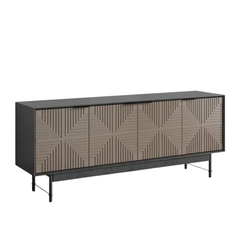 HomeRoots 65" Beige And Black Wood Carved Geo Texture Enclosed Storage TV Stand - 64.50 in. x 26.06 in. x 15.35 in.