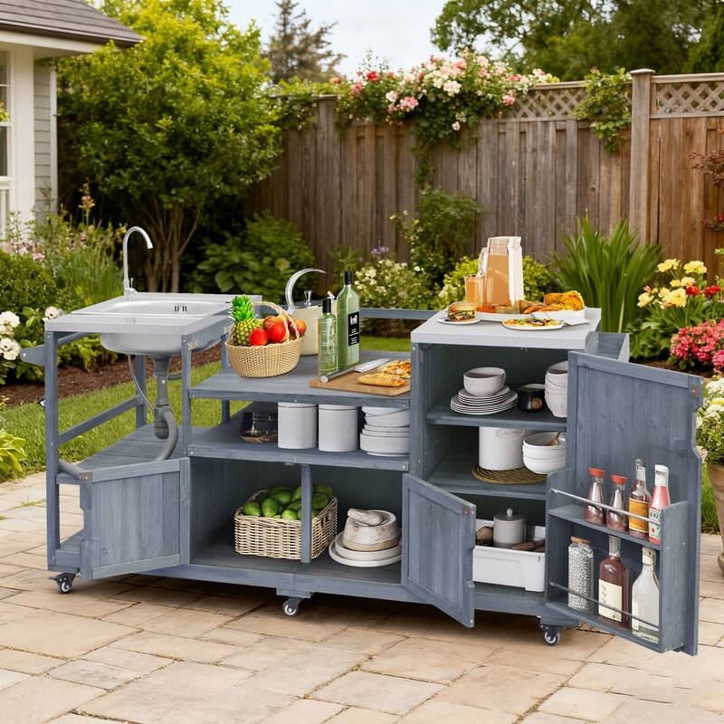 75.4" Rolling Outdoor Kitchen Island with Stainless Steel Top, Premium Solid Wood Grill Cart with Sink and Wheels for Outdoor