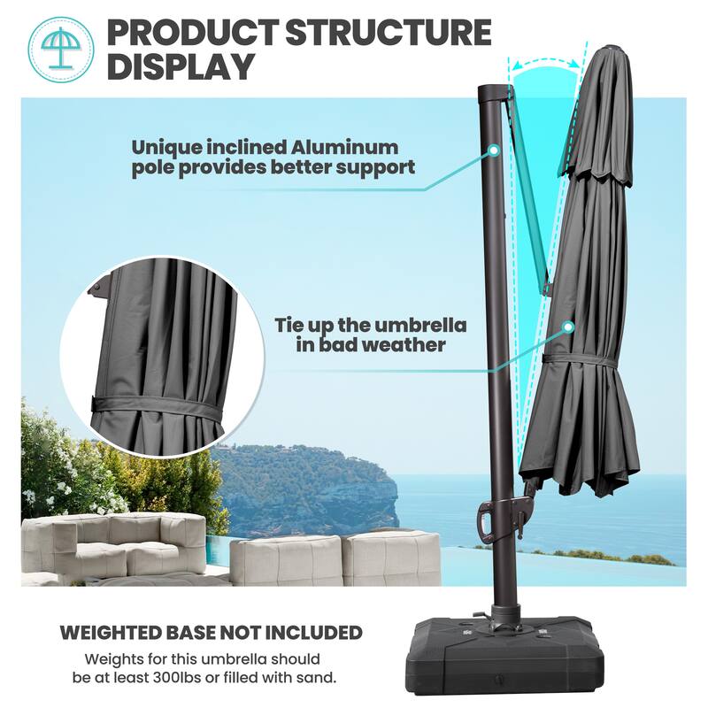 10 FT x 13 FT Outdoor Luxury Solar LED Patio Cantilever Umbrella With Base