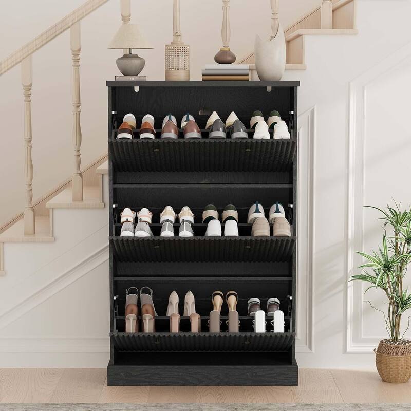 Freestanding Fluted Shoe Cabinet Organizer for Entryway, Hallway, Living Room with 3 Flip Drawers