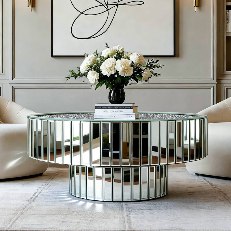 Round Mirrored Coffee Table Accent Table with Crushed Diamond