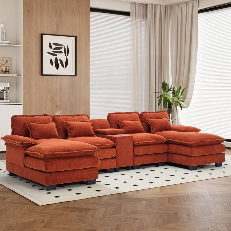 U-shaped Sectional Sofa Chenille Fabric Doudle Layer Cushion with USB Central Console